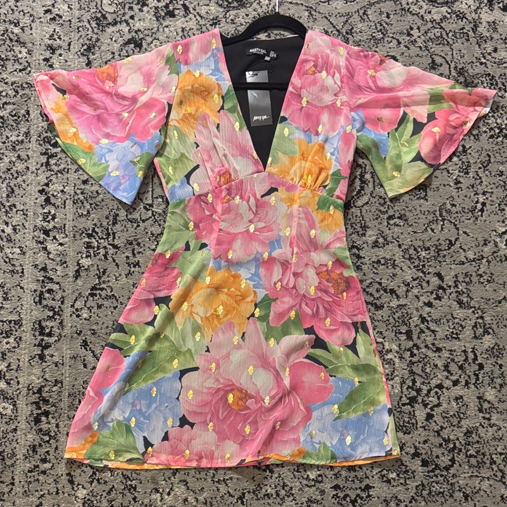 Nasty Gal Multicolor Floral V-Neck flutter mini Dress